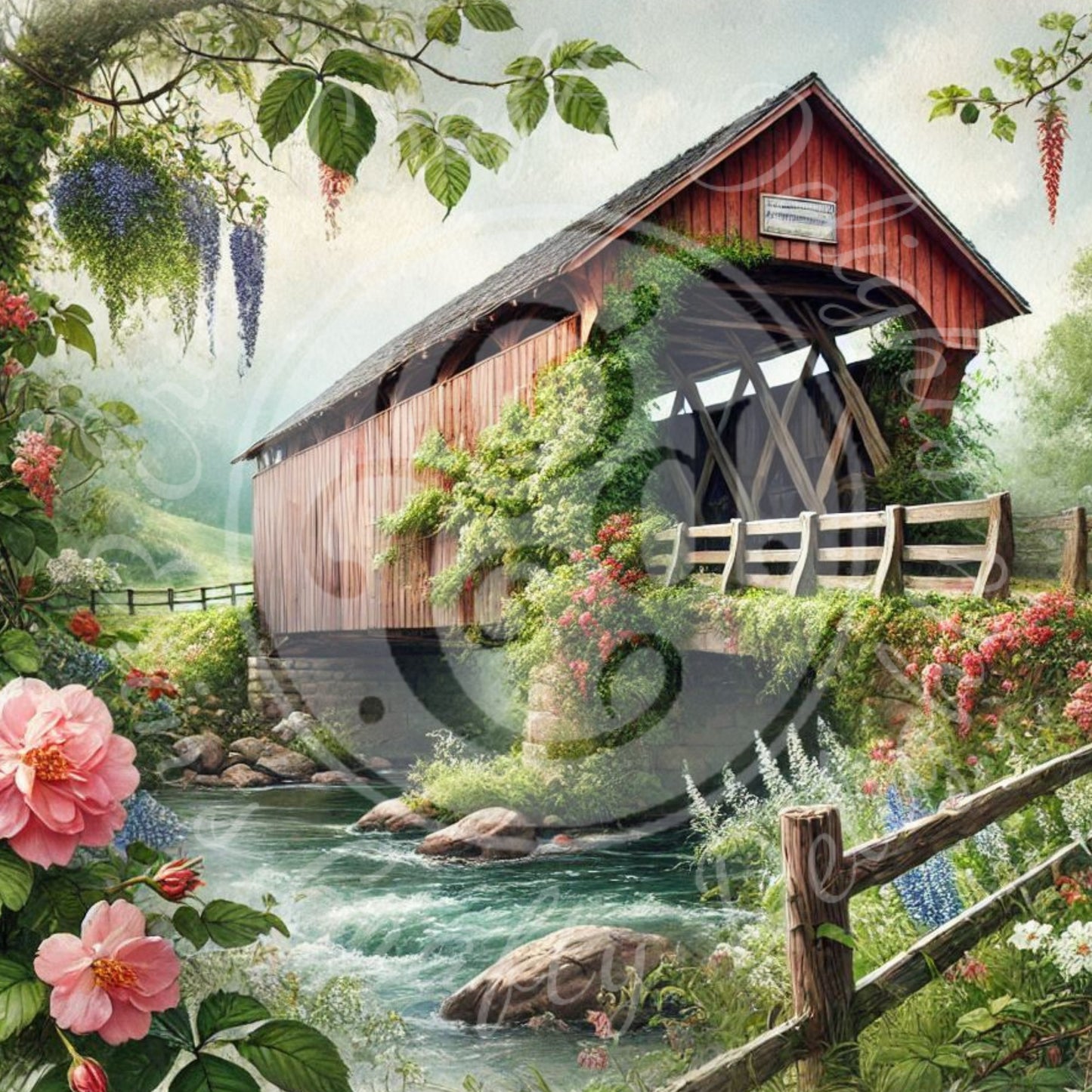 8 Sq Spring Covered Bridge 8x8" Printable