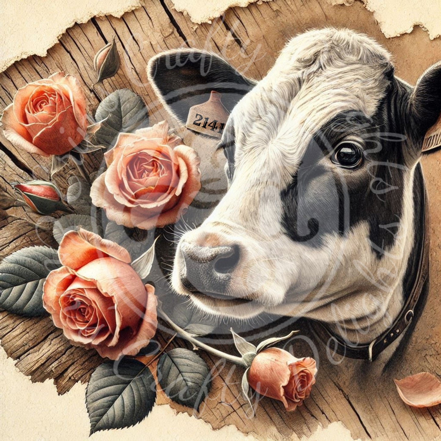 9 Sq Holstein & Roses 8x8" Printable