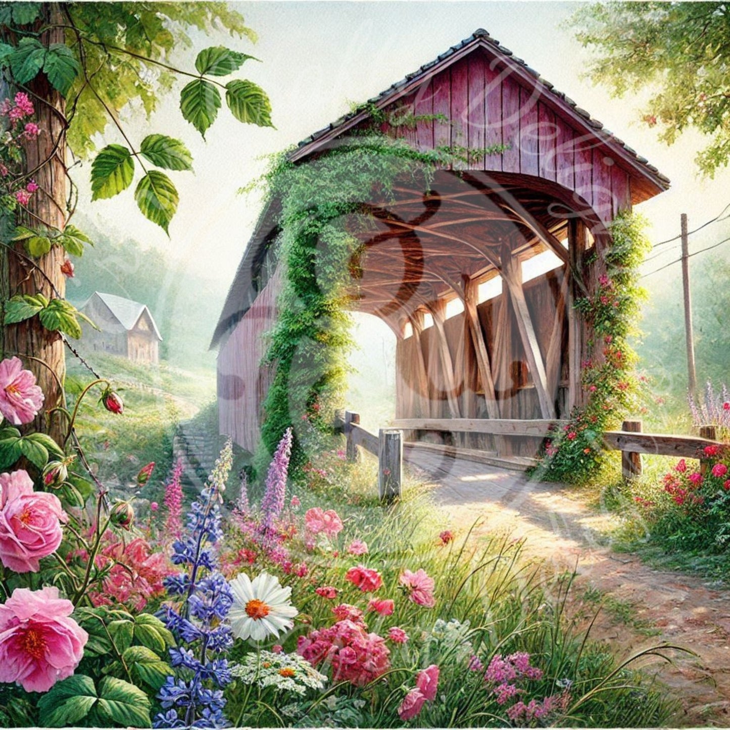 9 Sq Spring Covered Bridge 8x8" Printable