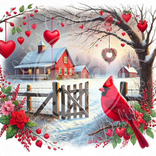 9 Valentine Cardinal and Farmhouse