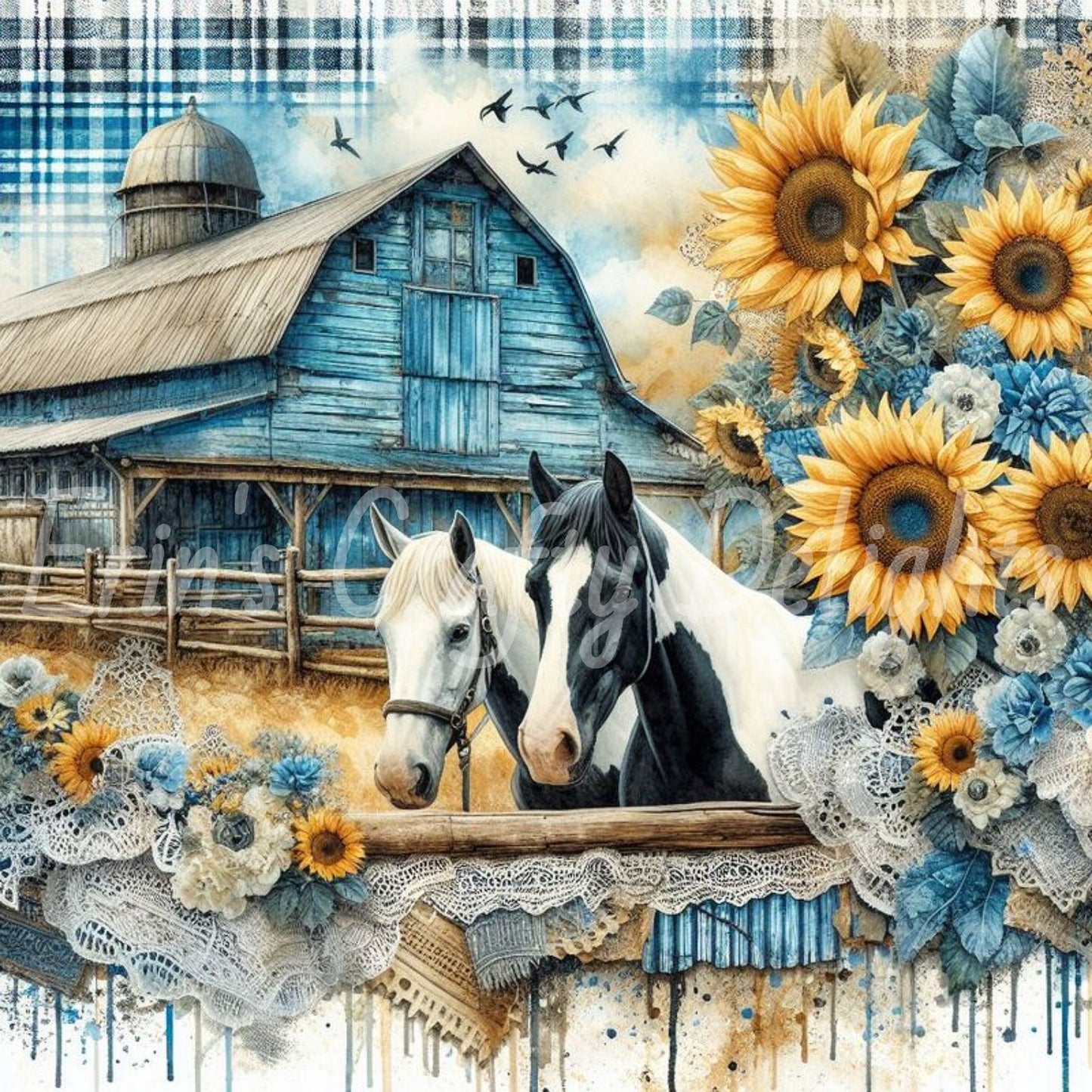 Blue Gingham Paint Horses Set 1