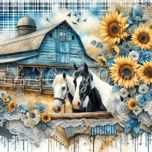 Blue Gingham Paint Horses Set 1