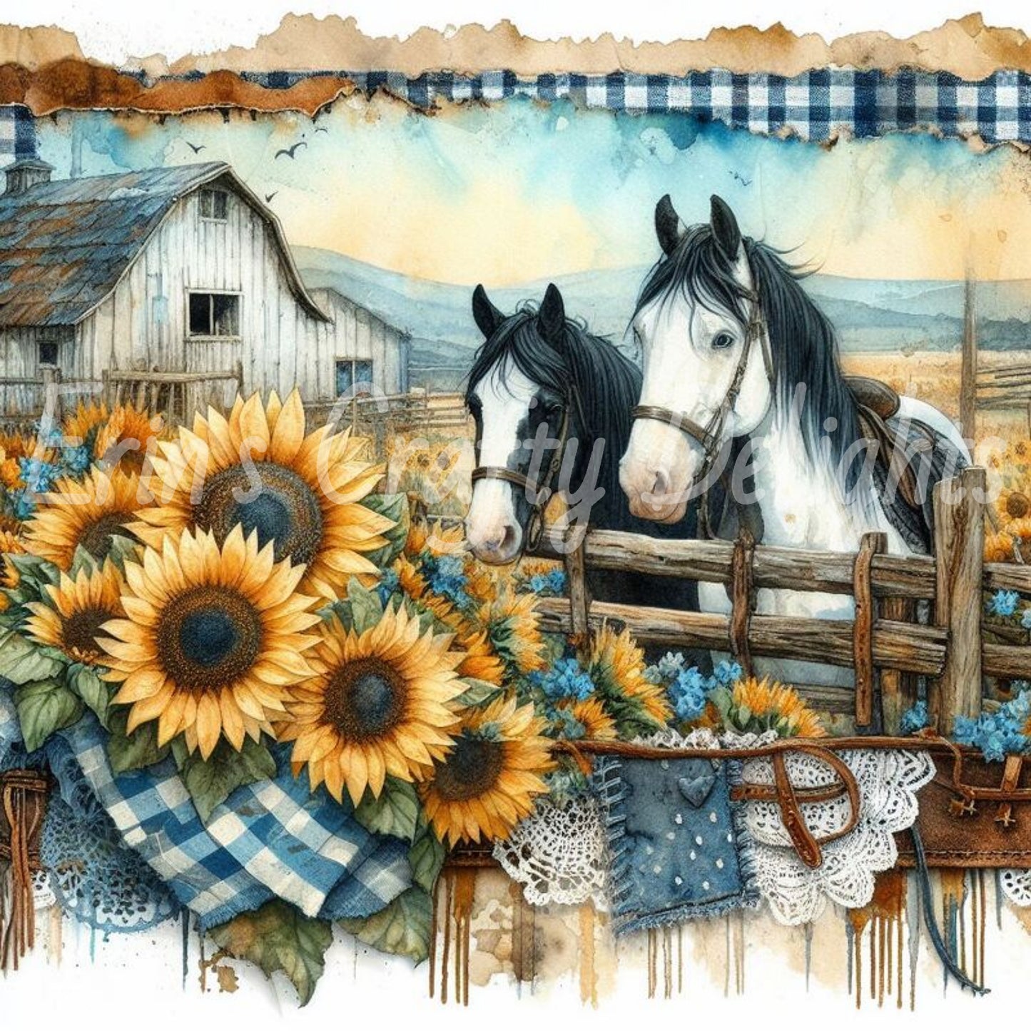 Blue Gingham Paint Horses Set 1