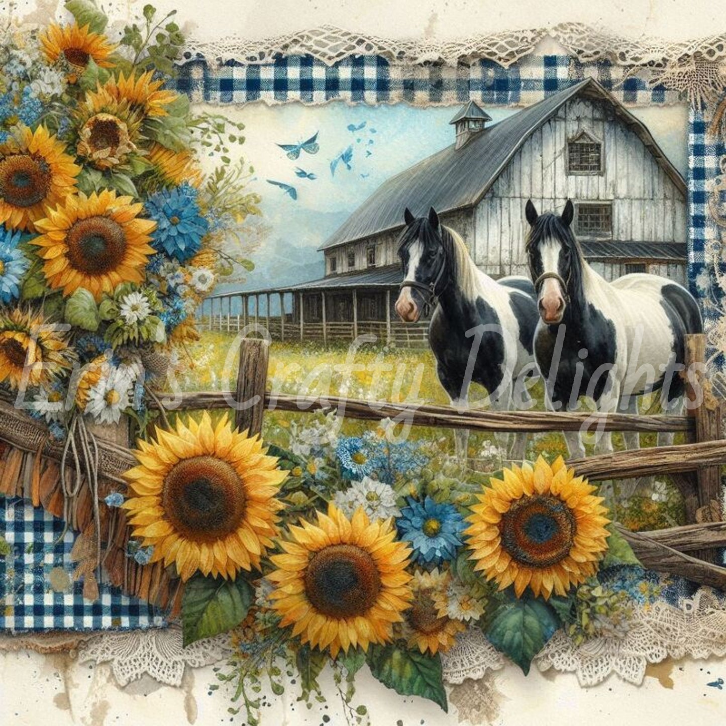 Blue Gingham Paint Horses Set 1