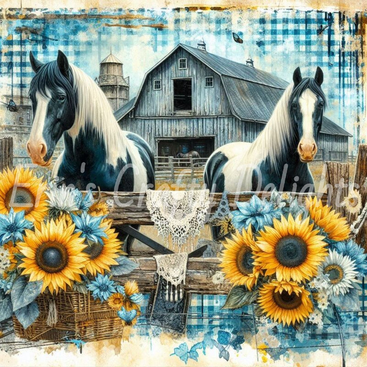 Blue Gingham Paint Horses Set 1