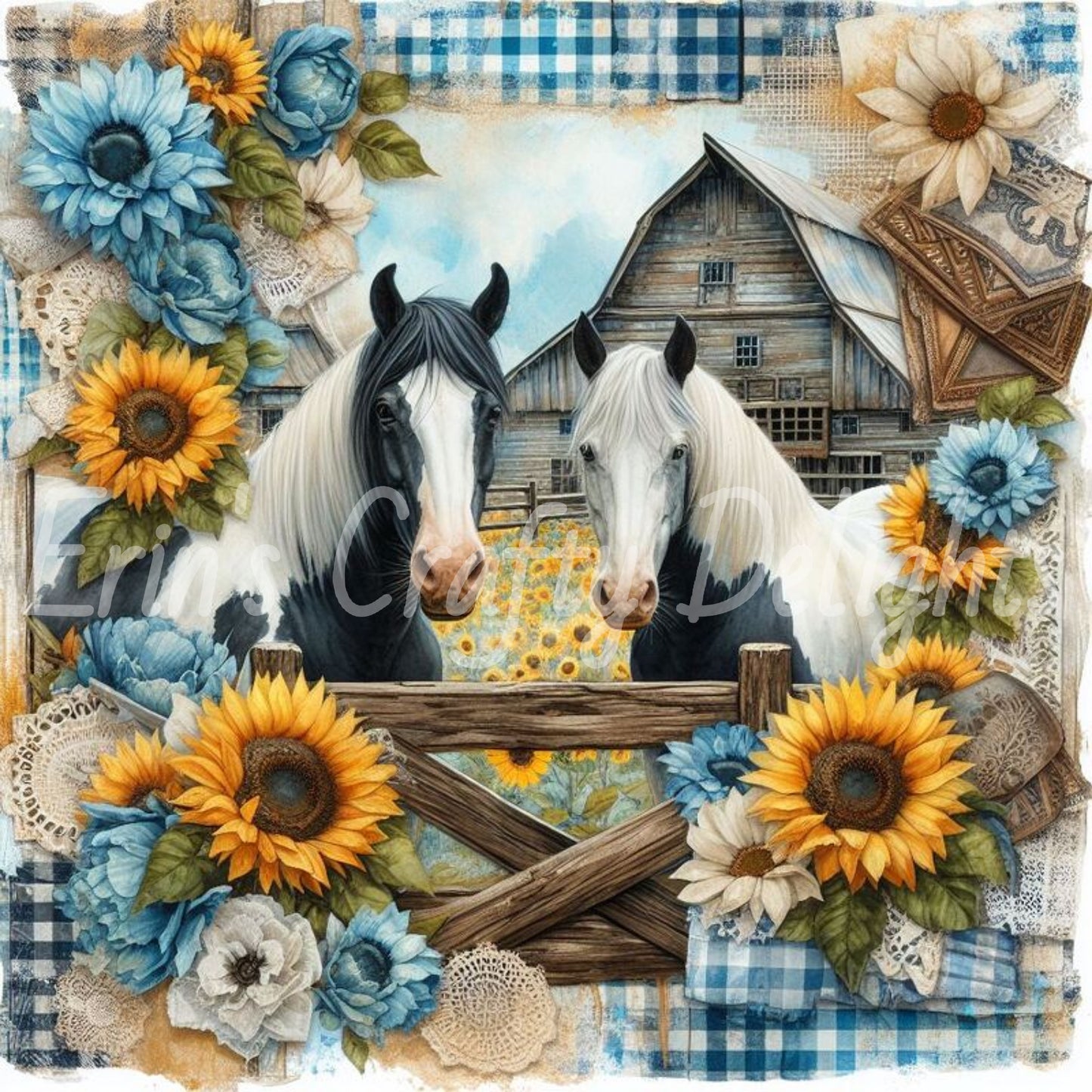 Blue Gingham Paint Horses Set 1