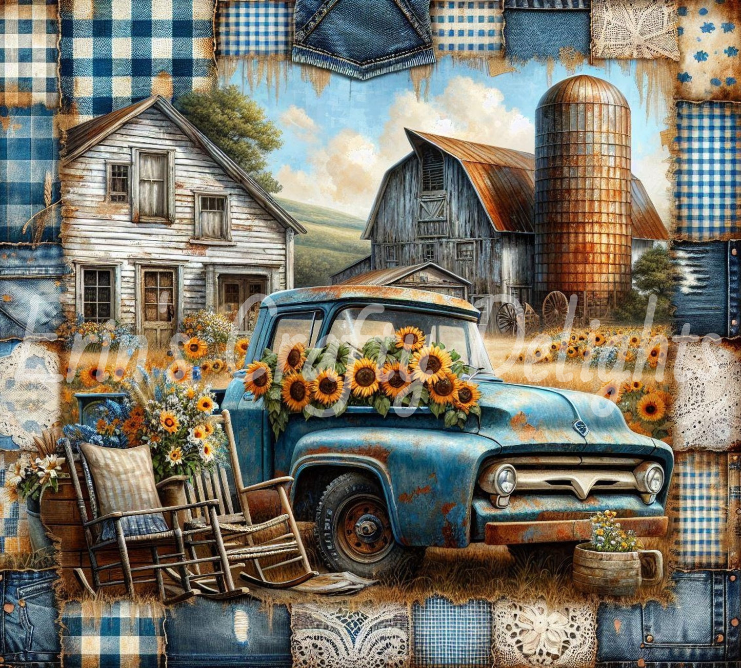 Blue Gingham Trucks Set 2
