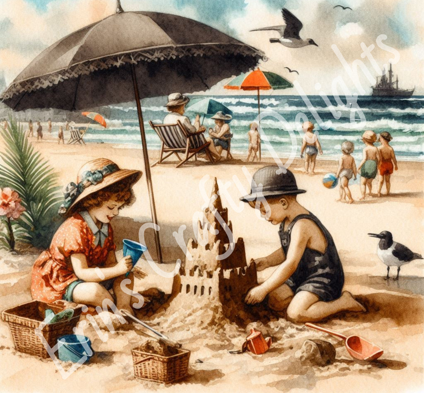 3 Sq Building a Sandcastle 1940s 8x8 Printable