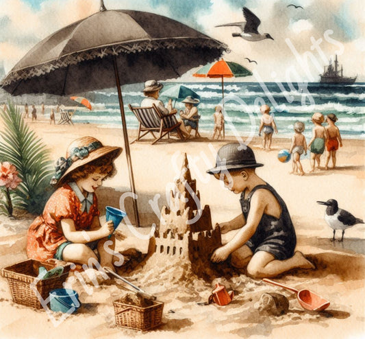 3 Sq Building a Sandcastle 1940s 8x8 Printable