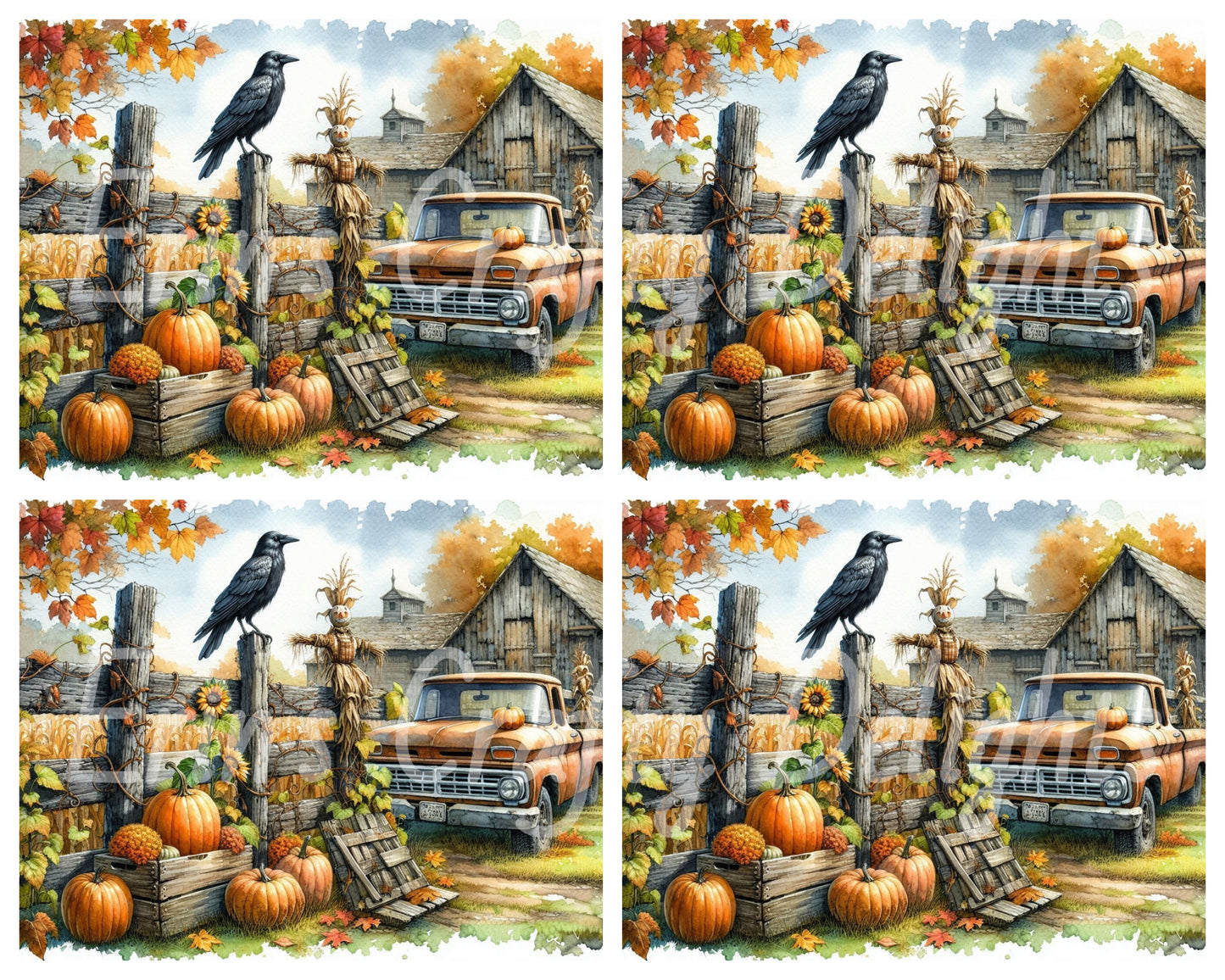 4 MS Crow, Pumpkins & Truck Mix Size Downloadable Printable Set