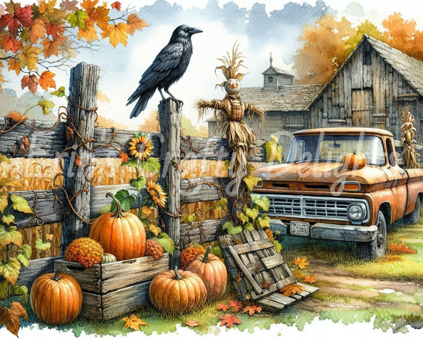 4 MS Crow, Pumpkins & Truck Mix Size Downloadable Printable Set