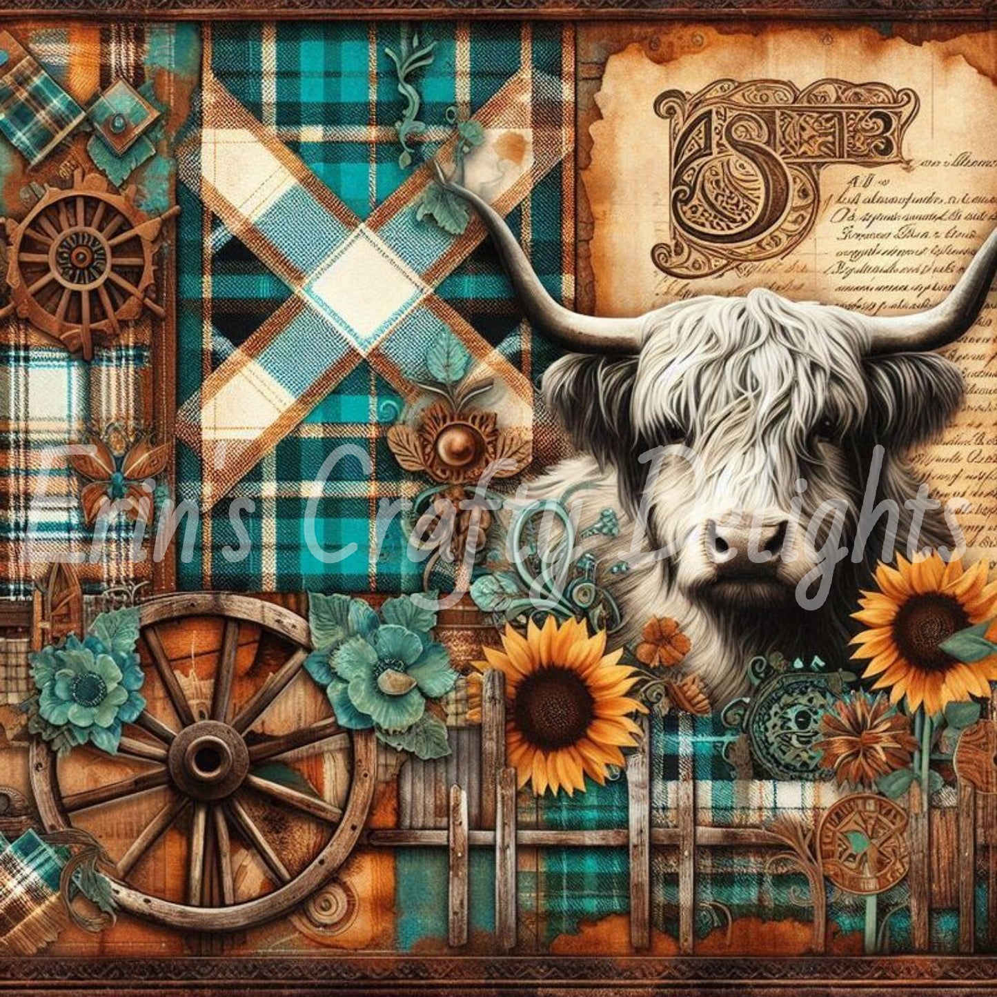 Highland Cows Turquoise and Brown Tartan Set 2