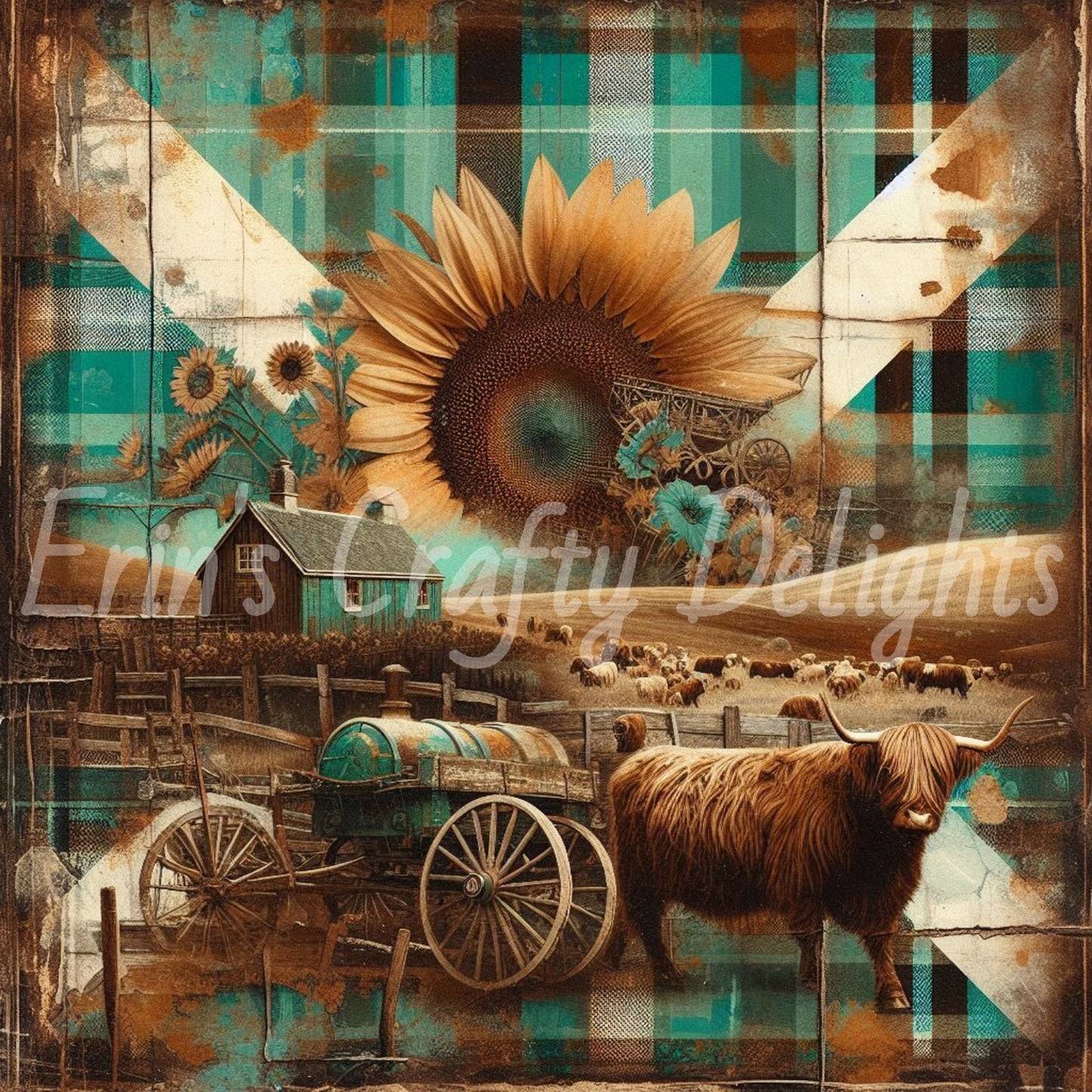 Highland Cows Turquoise and Brown Tartan Set 2