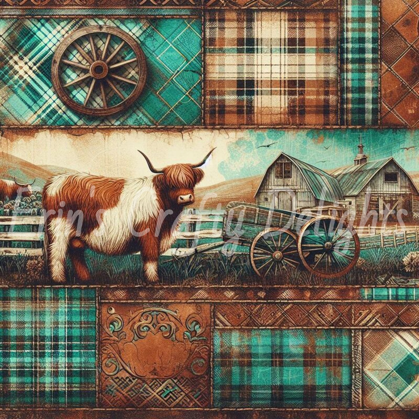 Highland Cows Turquoise and Brown Tartan Set 2