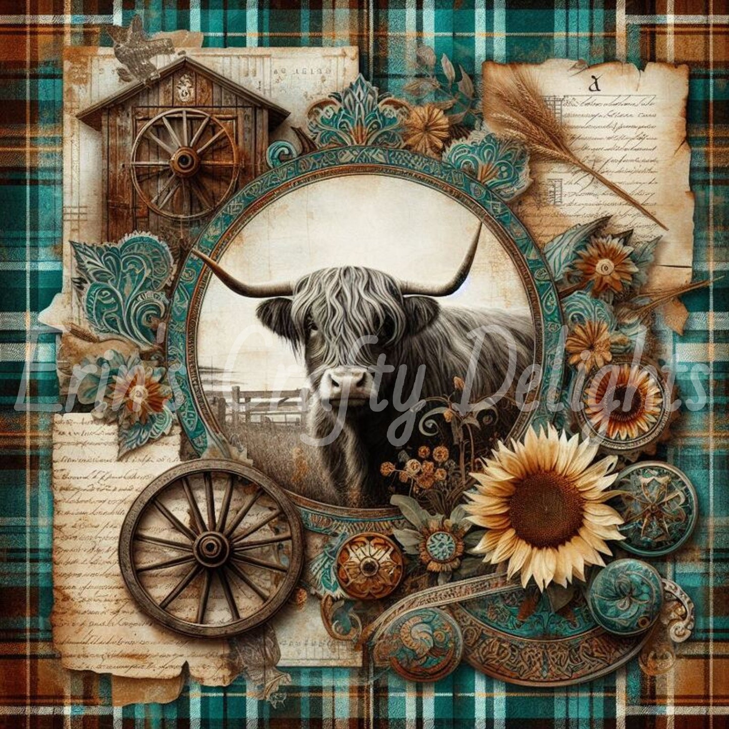 Highland Cow Turquoise and Brown Tartan 1
