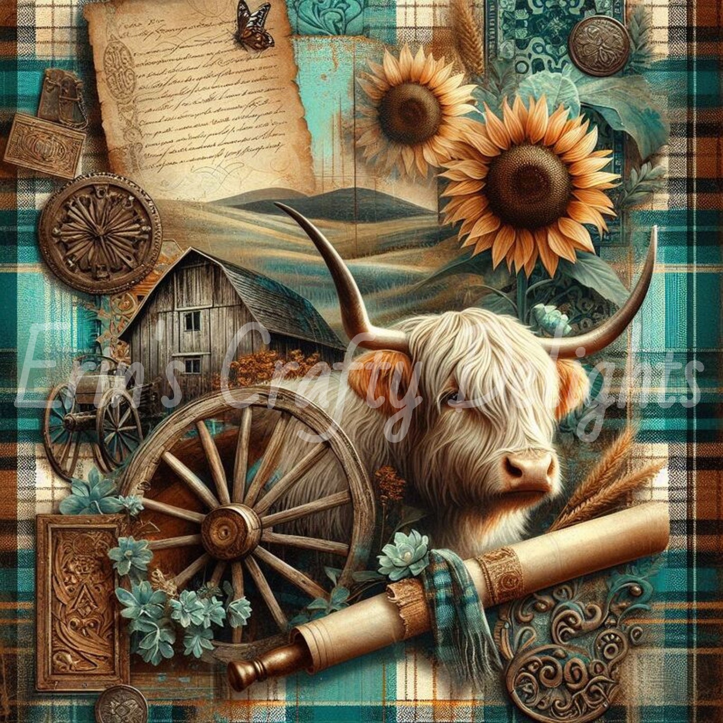 Highland Cow Turquoise and Brown Tartan 2