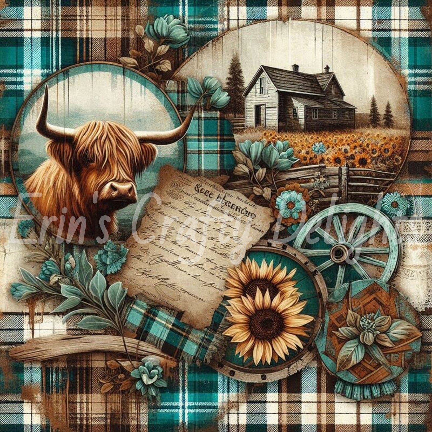 Highland Cows Turquoise and Brown Tartan Set 1