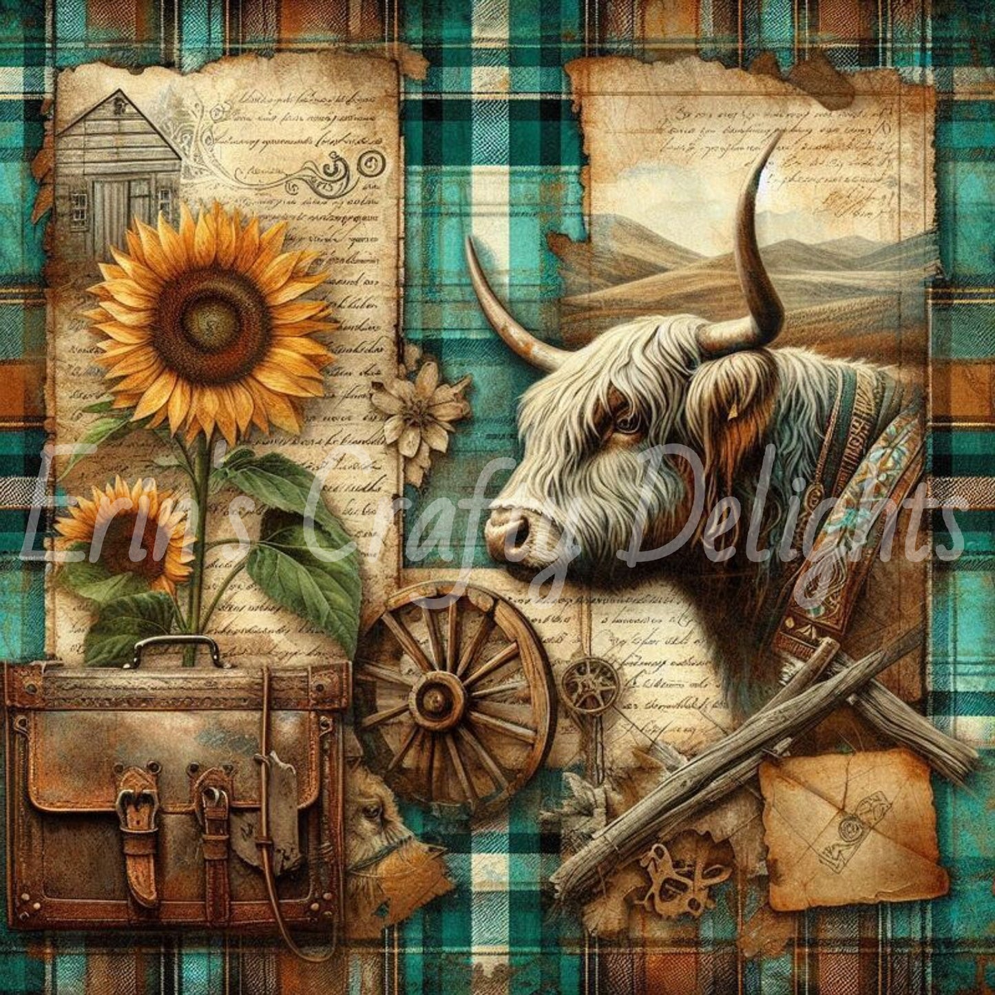 Highland Cows Turquoise and Brown Tartan Set 1