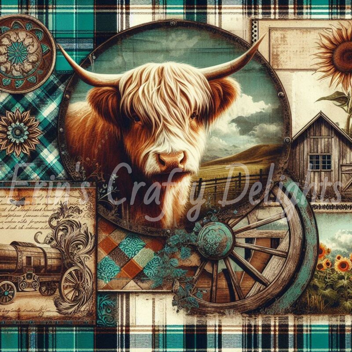 Highland Cows Turquoise and Brown Tartan Set 1