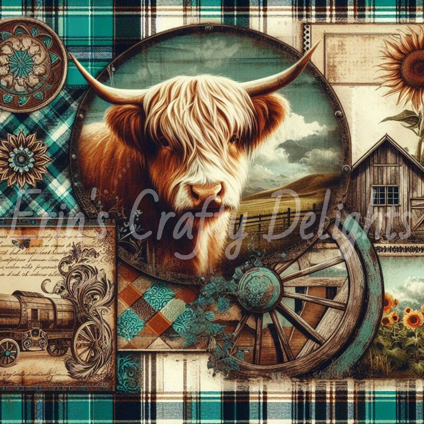 Highland Cows Turquoise and Brown Tartan Set 2