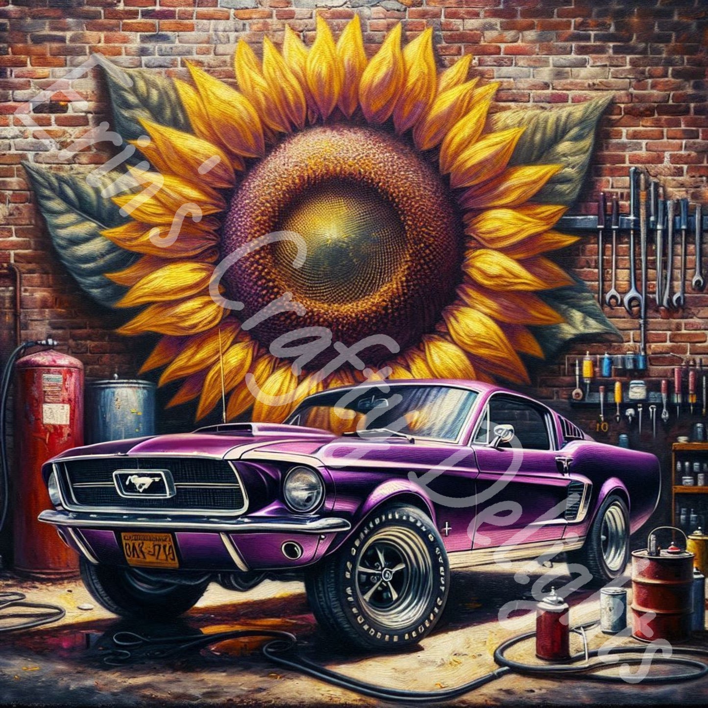 Sunflowers & Vintage Purple Mustang 1