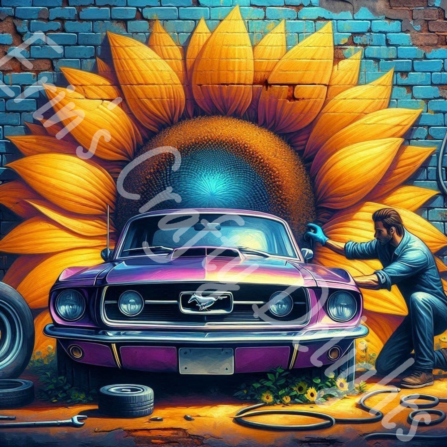 Sunflowers & Vintage Purple Mustang 2