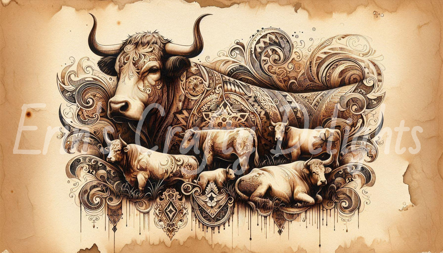 Tribal Cows and Bull on Cow Hide 1
