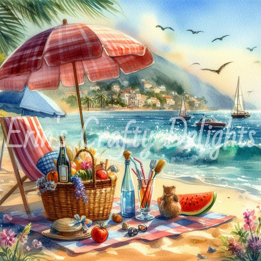 2 Sq Vintage 1940s Beach Picnic 8x8 Printable