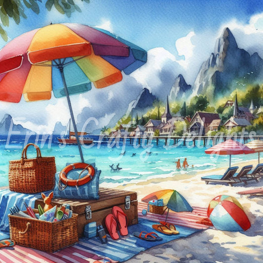 2 Sq Vintage 1940s Beach Picnic 8x8 Printable