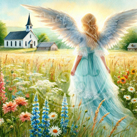 10 Sq Spring Angel & Church 8x8 Printable