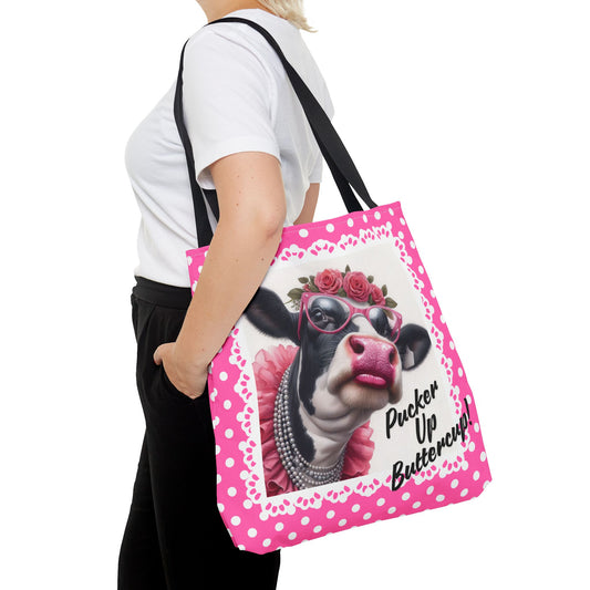 Tote Bag with Pucker Up Buttercup! Dressed up Holstein cow design.