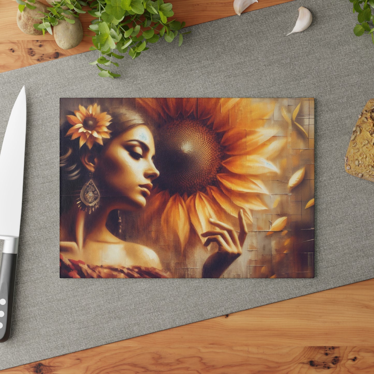 Glass Cutting Board - Poetic Sunflower Design