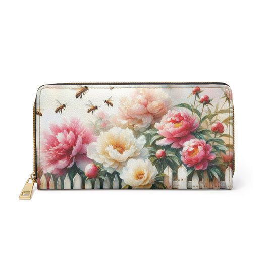 Zipper Wallet with Bees and Peonies Design