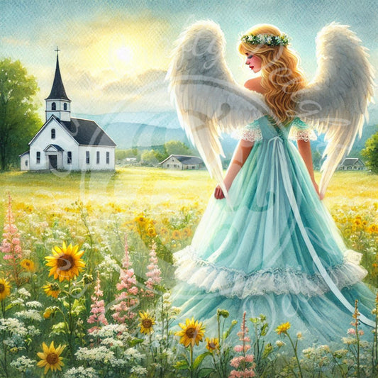 13 Sq Spring Angel & Church 8x8 Printable