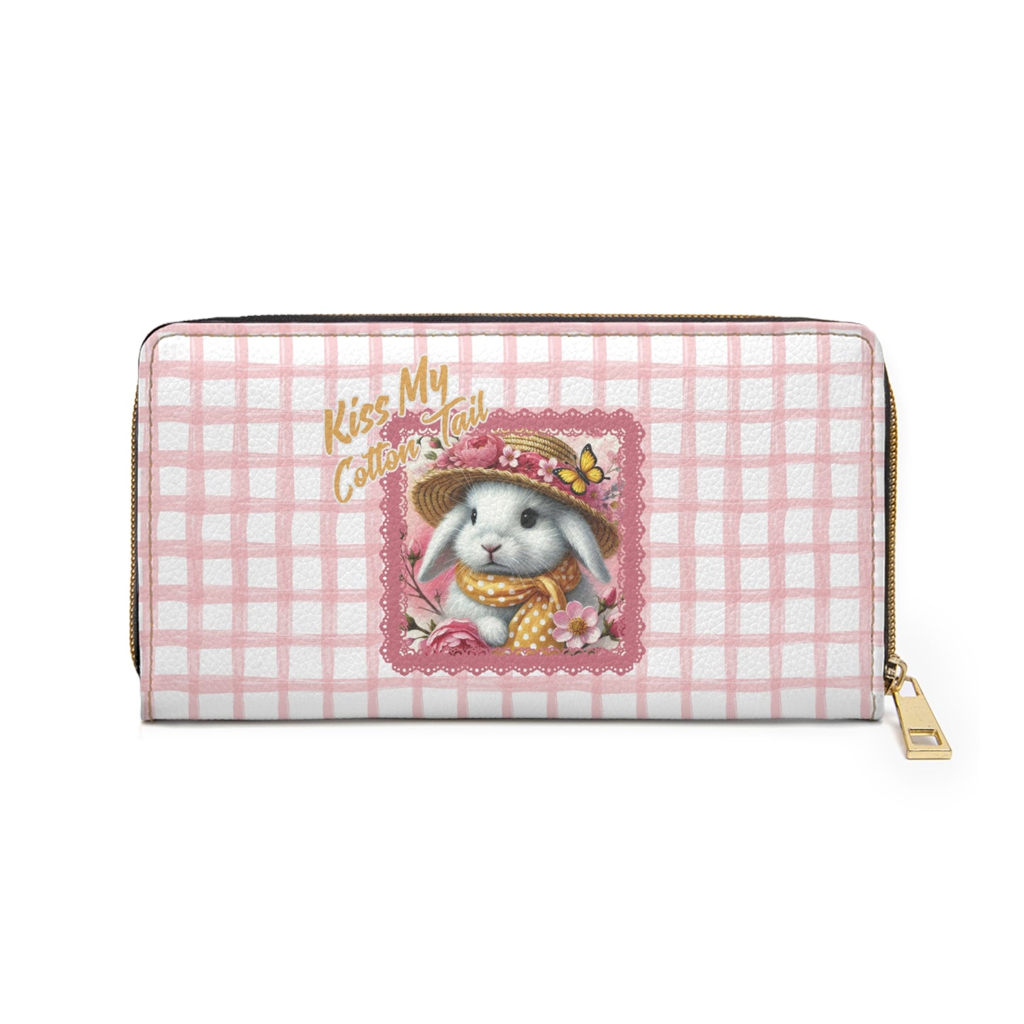Playful Bunny Pink Checked Zippered Wallet with Fun Phrase