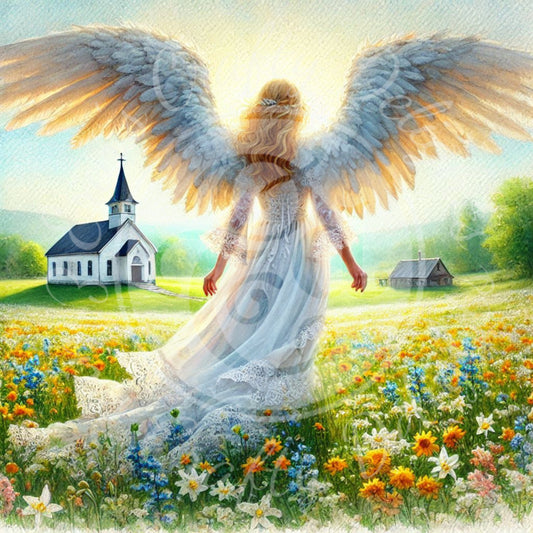 15 Sq Spring Angel & Church 8x8 Printable