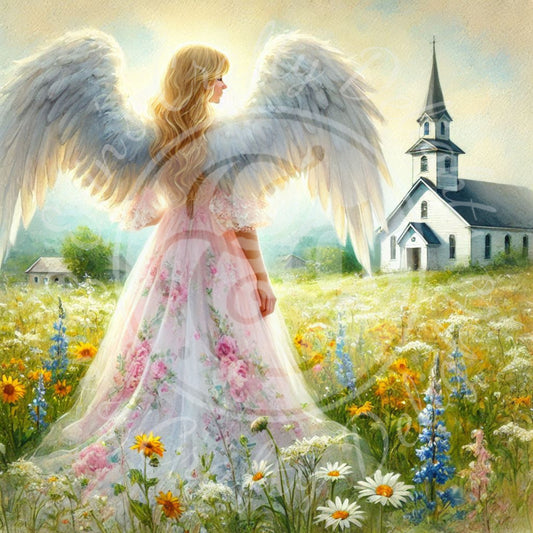 16 Sq Spring Angel & Church 8x8 Printable