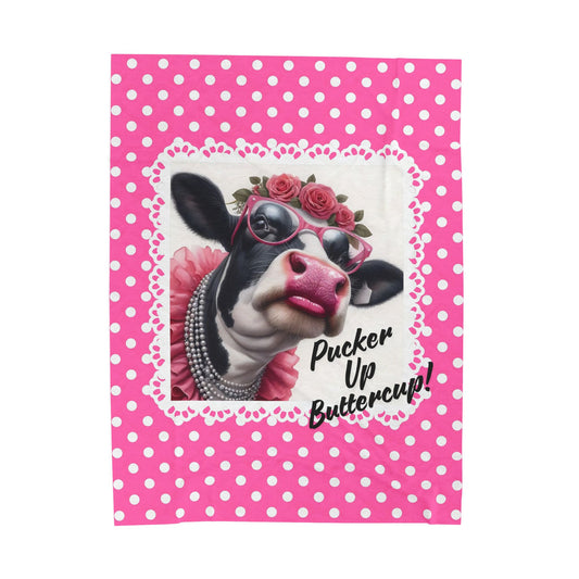 Velveteen Plush Blanket - Pucker Up Buttercup! Dressed Up Holstein Cow Design