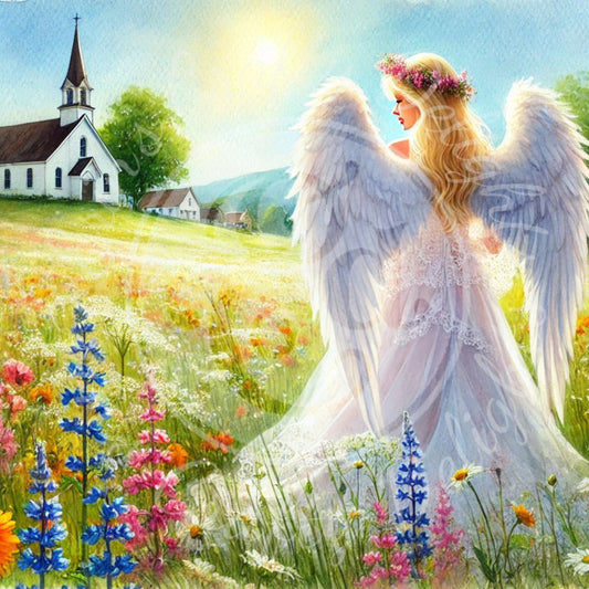 17 Sq Spring Angel & Church 8x8 Printable