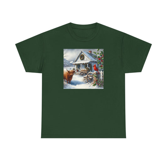 Highland Cow and Farmhouse in Winter Unisex Heavy Cotton Tee