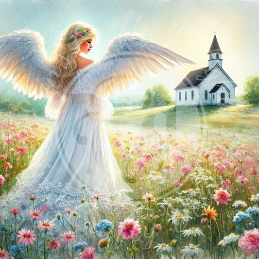 18 Sq Spring Angel & Church 8x8 Printable
