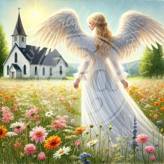 19 Sq Spring Angel & Church 8x8 Printable