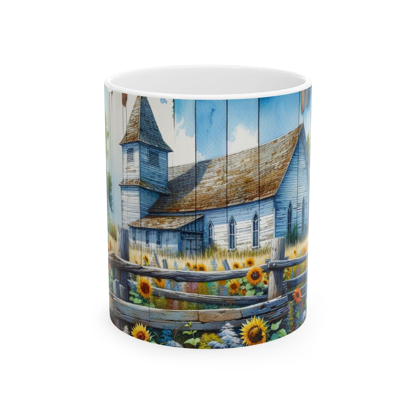 Wood Slat Church & Sunflowers Ceramic Mug, (11oz, 15oz)