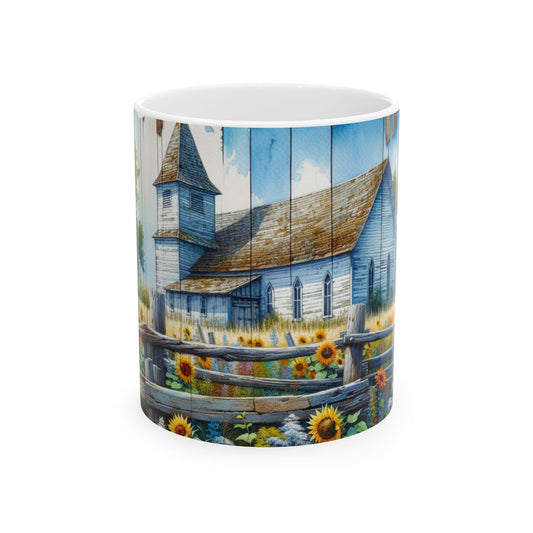 Wood Slat Church & Sunflowers Ceramic Mug, (11oz, 15oz)