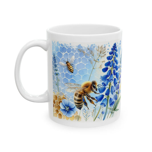 HoneyBee on Blue Ceramic Mug, (11oz, 15oz)