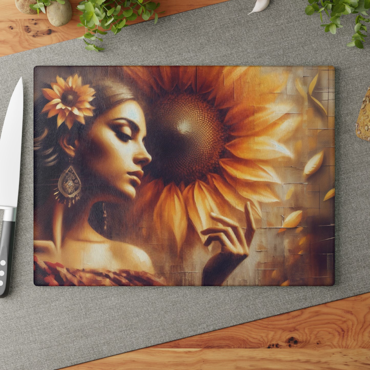 Glass Cutting Board - Poetic Sunflower Design