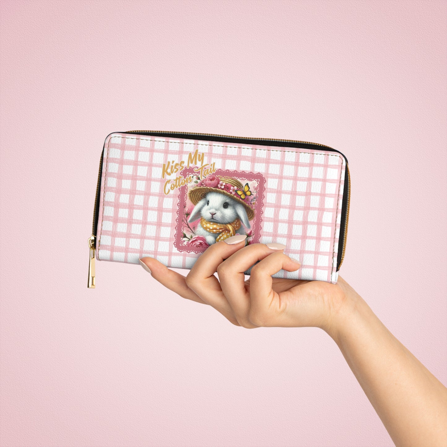 Playful Bunny Pink Checked Zippered Wallet with Fun Phrase