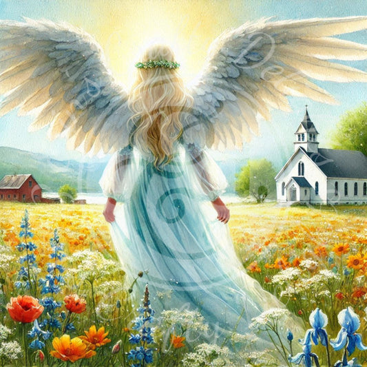 4 Sq Spring Angel & Church 8x8 Printable