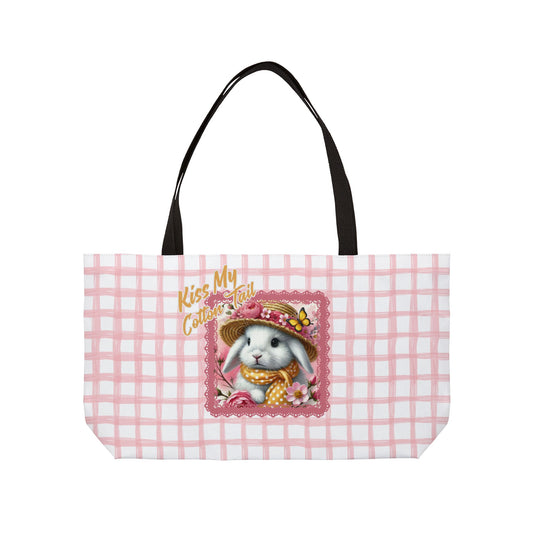 Weekender Tote Bag - Kiss My Cotton Tail! Bunny Pink Grid Design