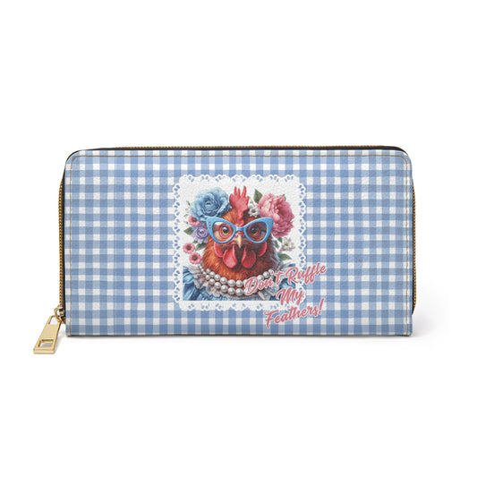 Zipper Wallet, Don't Ruffle My Feathers Dressed Up Red Hen Gingham Check Design